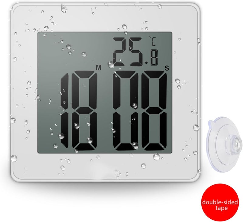 CENTOLLA Digital Shower Clock, Large LCD Display Waterproof Timer for Shower, Suction Cups for Home (White) - Only Military time and ℃ Display - Image 2