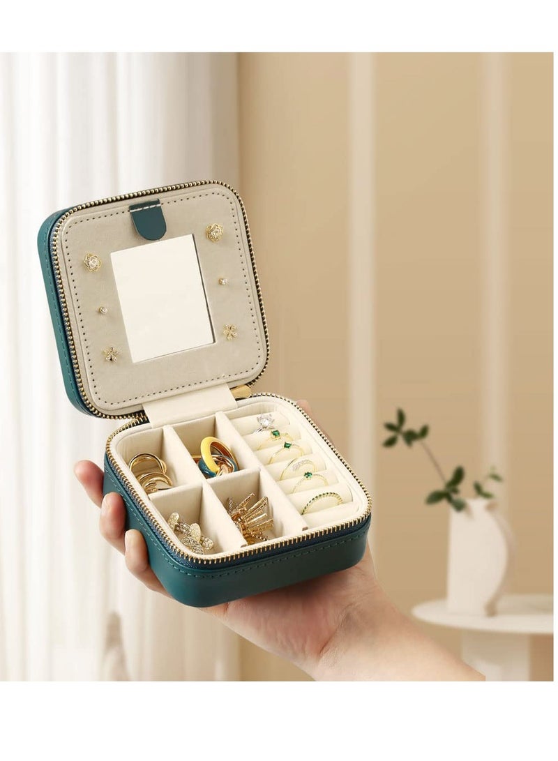 Compact Travel Jewelry Organizer with Mirror for Rings Earrings Necklaces Watches and Lipsticks in Deep Green - Image 2