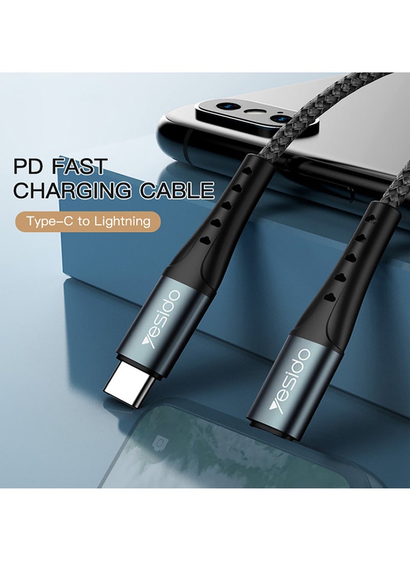 Yesido - CA65 2 Meter PD 12W Nylon Braided Aluminum Alloy 2A Type-C To Lightning Data Cable iPhone Black - Image 1