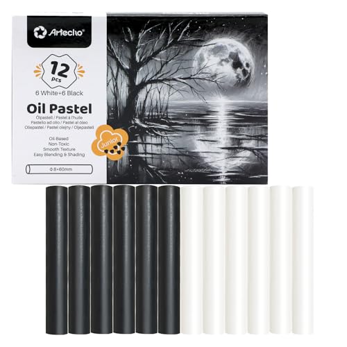 Artecho Oil Pastels Set of 12 PCS, 6 White and 6 Black (8 x 60 mm), Soft Oil Pastels for Art Painting, Drawing, Blending, Art Supplies for Artists, Beginners, Students, Teachers - Image 1