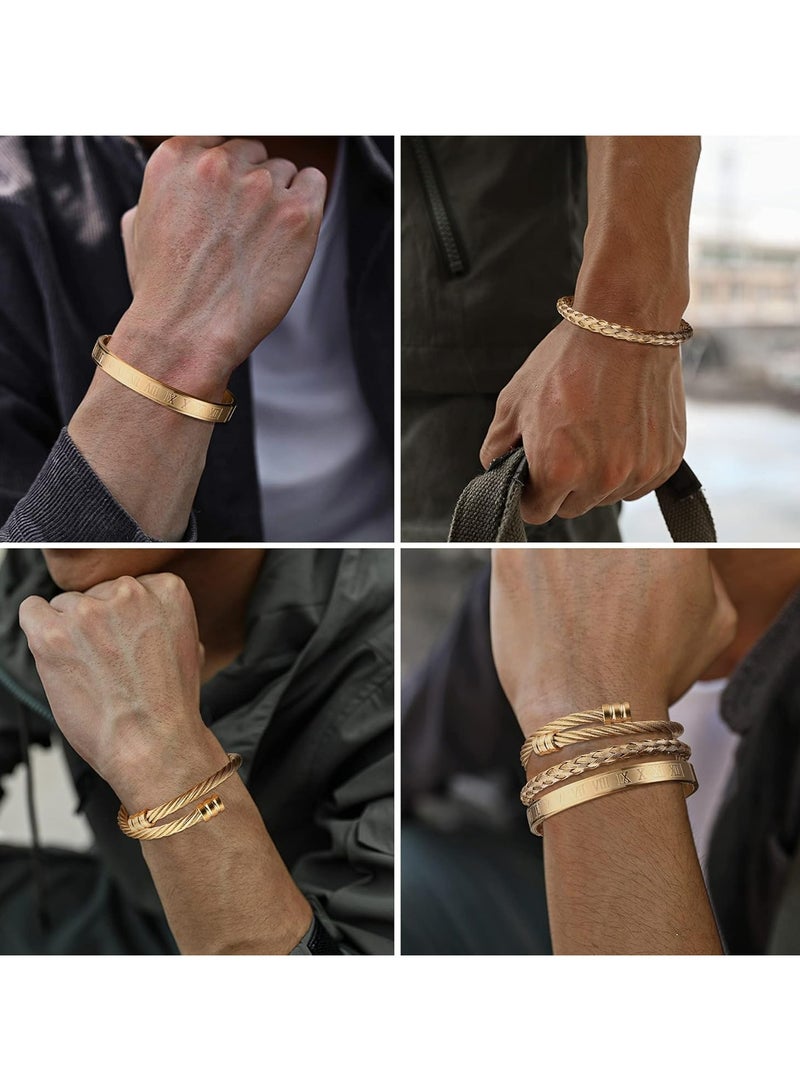 Oasisgalore 3Pcs Stainless Steel Bracelets Roman Numeral Bangle Bracelet Luxury Bracelets for Men Gifts，Gold - Image 5