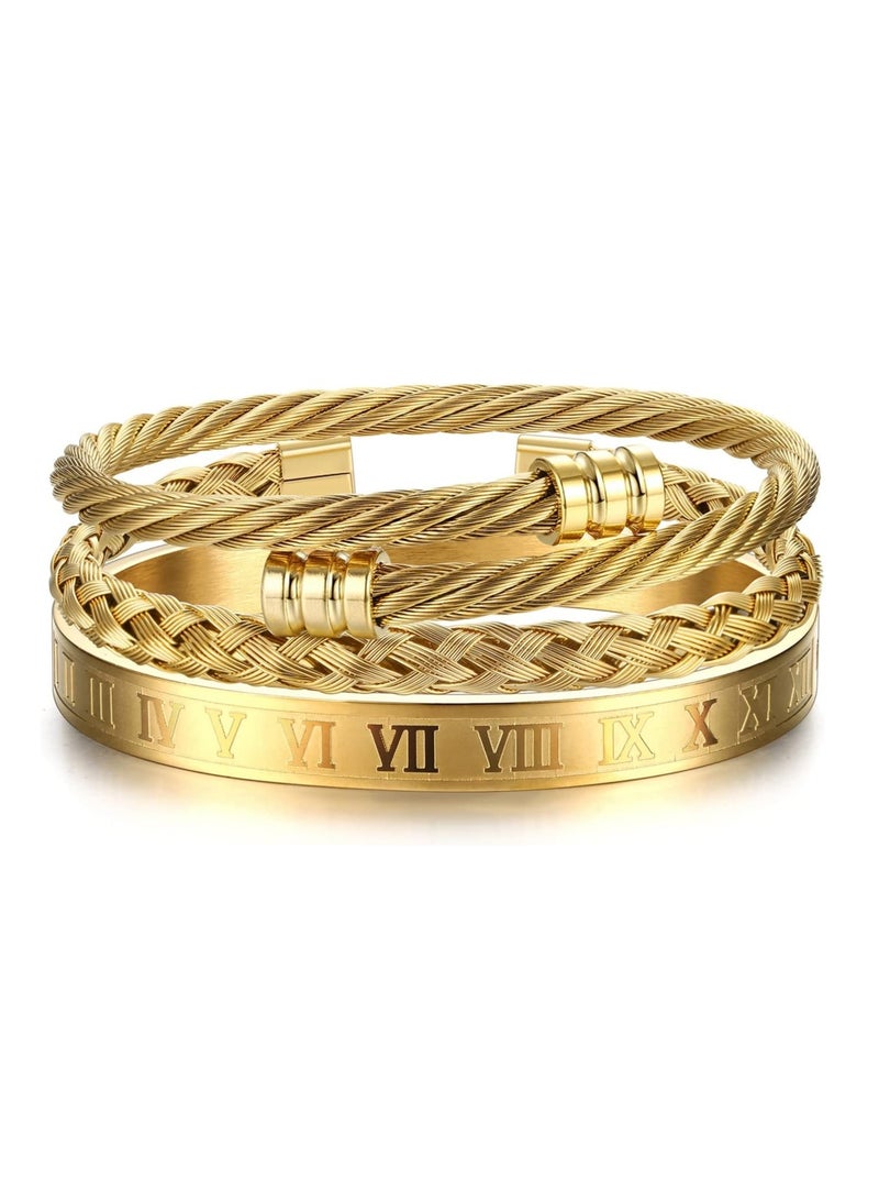 Oasisgalore 3Pcs Stainless Steel Bracelets Roman Numeral Bangle Bracelet Luxury Bracelets for Men Gifts，Gold - Image 1