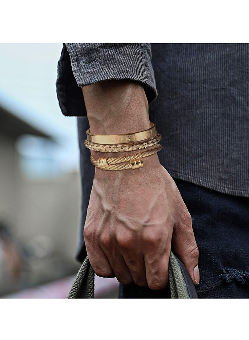 Oasisgalore 3Pcs Stainless Steel Bracelets Roman Numeral Bangle Bracelet Luxury Bracelets for Men Gifts，Gold - Image 4