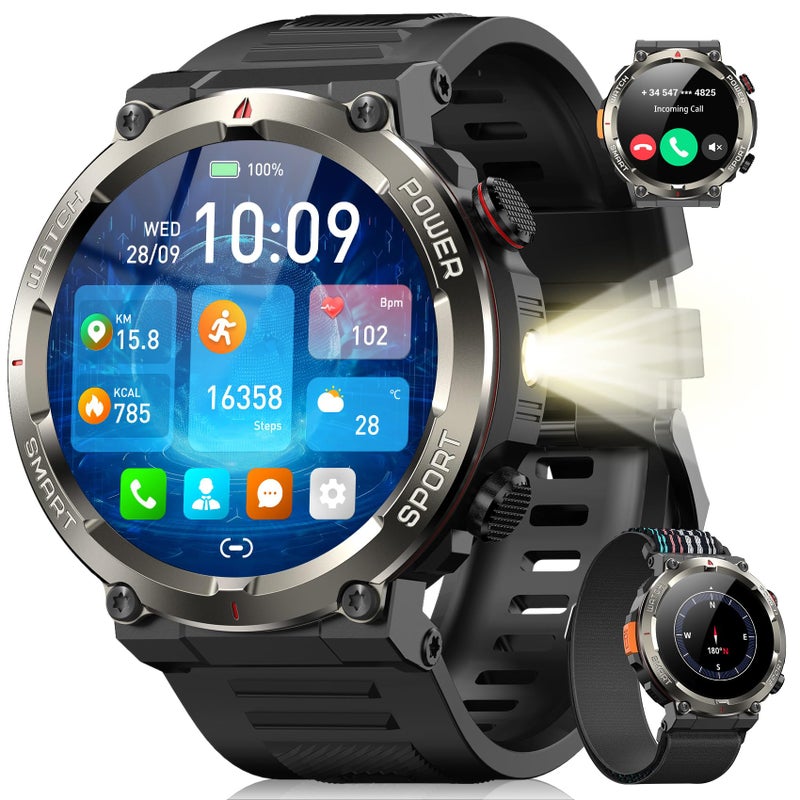 Blackview Military Smart Watch for MenAnswerMake CallsOutdoor Smartwatch with 100 Days BatteryFlashlightCompassHeart RateSpO2Sleep Monitor2 Straps Rugged Fitness Watch for iPhoneAndroid Phones - Image 2