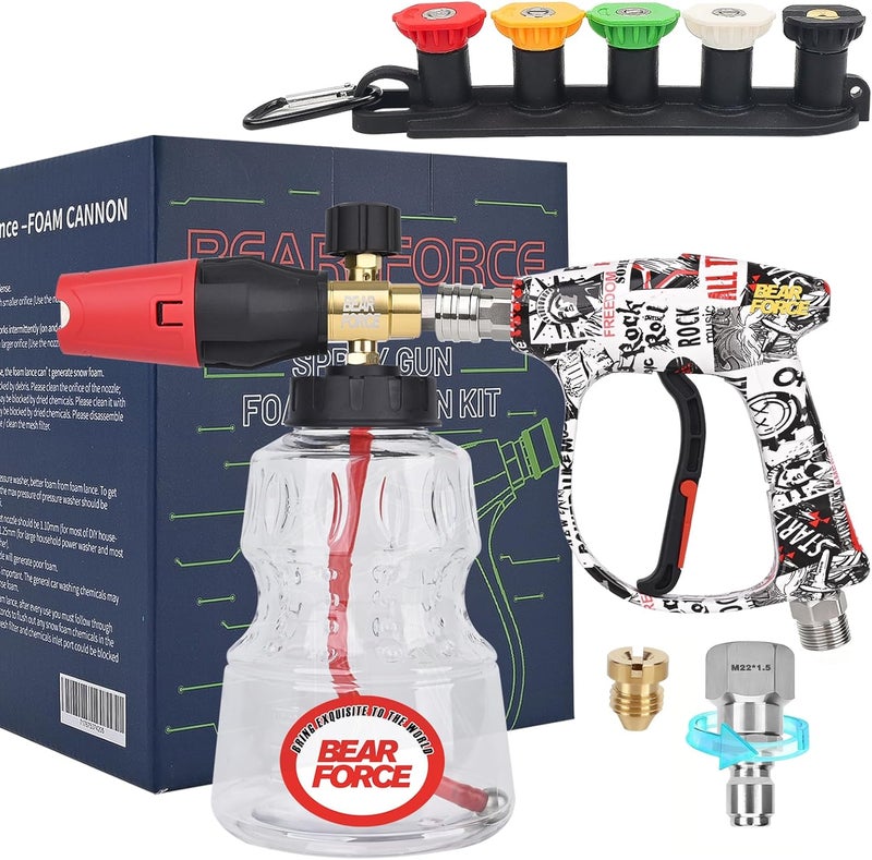 BEAR FORCE Pressure Washer Color Painted Short Spray Gun M22-ID14mm Max 3000 PSI & Foam Cannon Foam Gun with 5 Tips #035 & 3/8'' Quick Connector, Additional Orifice Nozzle 1.10mm, Car Care Detailing - Image 1