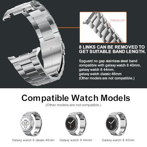 SPGUARD Metal Band Compatible with Samsung Galaxy Watch 8 40mm/44mm/Classic 46mm 2025,No Gap Business Stainless Steel Strap for Galaxy Watch8 Men Women,NOT for Other Models(Silver) - Image 2