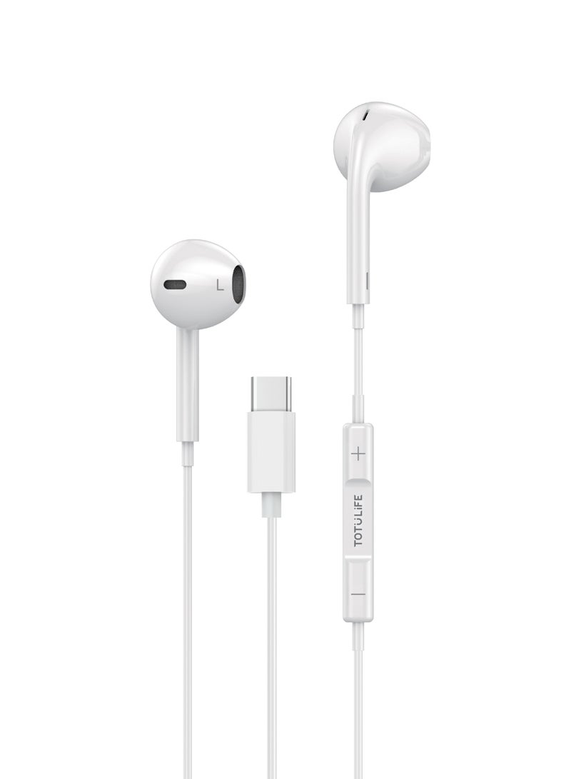 Totulife FAME Series Type-C In-ear Wired Earphones with Mic, Non Destructive Stereo Sound Quality, Comfortable Ear cavity- White - Image 1
