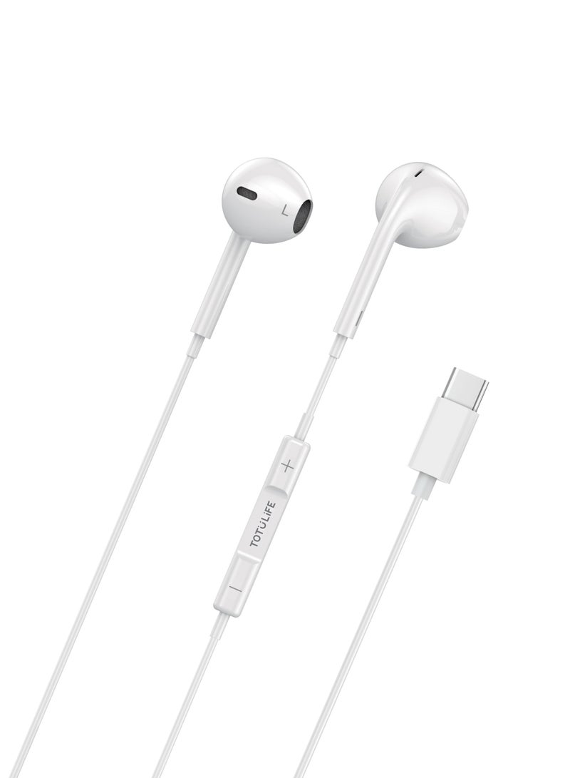 Totulife FAME Series Type-C In-ear Wired Earphones with Mic, Non Destructive Stereo Sound Quality, Comfortable Ear cavity- White - Image 3