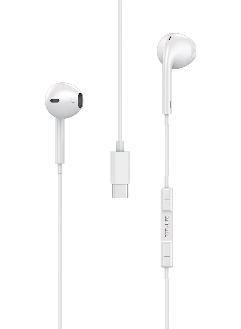 Totulife FAME Series Type-C In-ear Wired Earphones with Mic, Non Destructive Stereo Sound Quality, Comfortable Ear cavity- White - Image 2