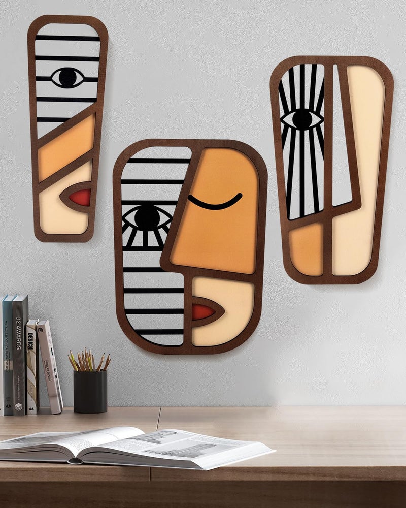 LIFVEAN Abstract Wood Picasso Wall Art Decor - Vintage African Art Tribal Wall Art - Modern Minimalism Mask Home Wall Decor - for Bedroom Bathroom Living Room (3 Piece) - Image 1