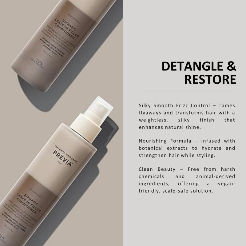 PREVIA Hydrating Biphasic Leave-In Conditioner Spray | Moisturizing & Anti-Frizz Reconstructive Treatment with White Truffle | Detangle & Repair Dry Damaged Hair | Vanilla & Bergamot Scent | 6.7 oz - Image 3