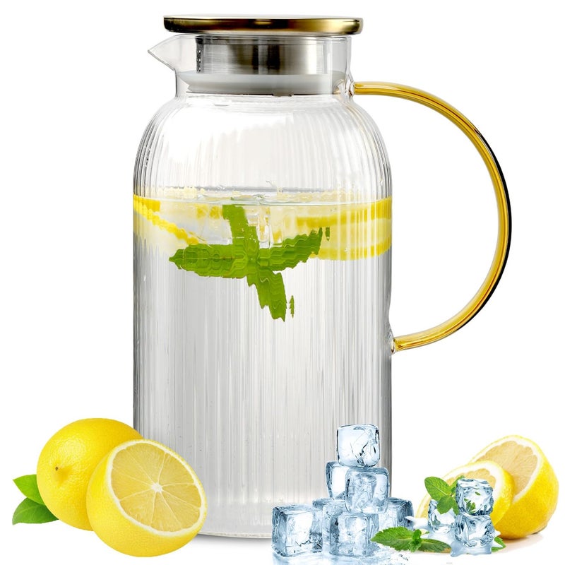 Wlasss WLASSS 68 oz2 Liter Glass Pitcher with LidHand Blown Glass Water Pitcher for Cold Brew CoffeeHot Water Milk Modern Vertical Stripes Iced TeaFathers Day Gifts