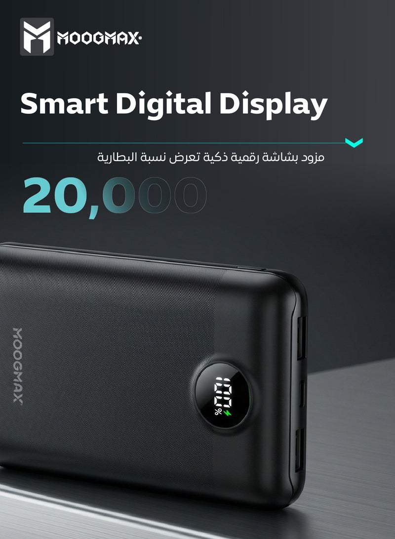 موجماكس باور بنك سوبر سمول سايز بسعة 20000mAh وقوة 45واط (موزعة على المنافذ)، يدعم الشحن السريع ,مزود بشاشة رقمية LED لمعرفة مستوى الشحن، يمكن استخدامه على الطائرات والقطارات. باللون اسود من موجماكس. - Image 2