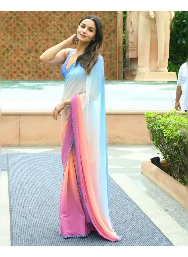 Women's Beautiful Lace Border Embellished Multicolour Faux Georgette Saree With Navy Blue Colour Unstiched Blouse  - Image 2