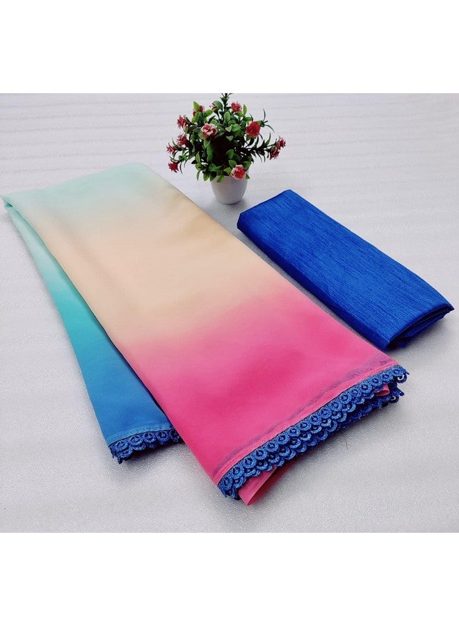 Women's Beautiful Lace Border Embellished Multicolour Faux Georgette Saree With Navy Blue Colour Unstiched Blouse  - Image 3