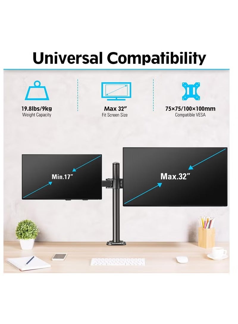 ACPLAY Gas Spring Dual Monitor Stand - Supports Two 32-Inch, 19.8 lb Monitors, Black, VESA 75/100mm, Sturdy Arm with +60° to -45° Tilt, ±180° Swivel, and Full Rotation - Image 3
