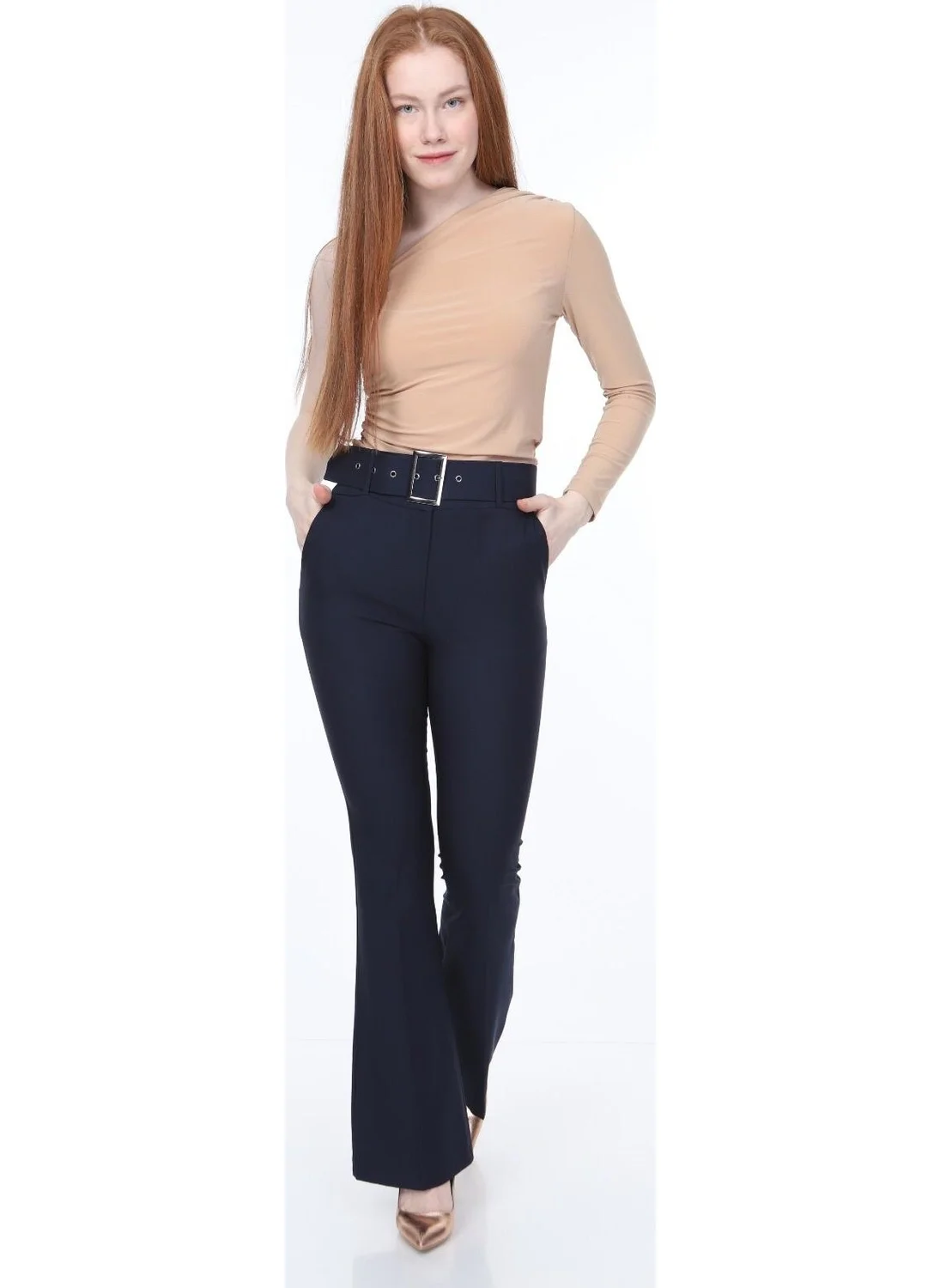 Bluence Waist Belted Navy Blue Fabric Trousers 36