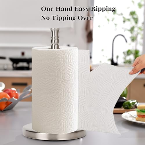 Sfemn Paper Towel Holder Countertop, Standing Paper Towel Roll Holder for Kitchen Bathroom, with Weighted Base for One-Handed Operation, No Wobbly (Brushed Nickel) - Image 3