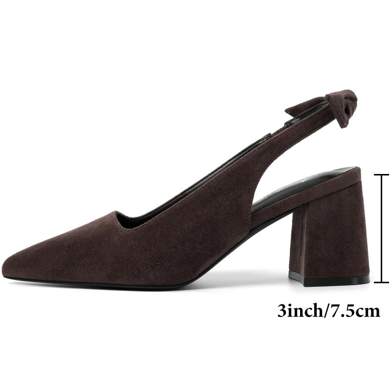 Mostrin Dark Brown Block Slingback Heels for Women Suede Pointed Closed Toe Chunky Heels Bow Women's Pumps for Office Work Business Casual - Image 5