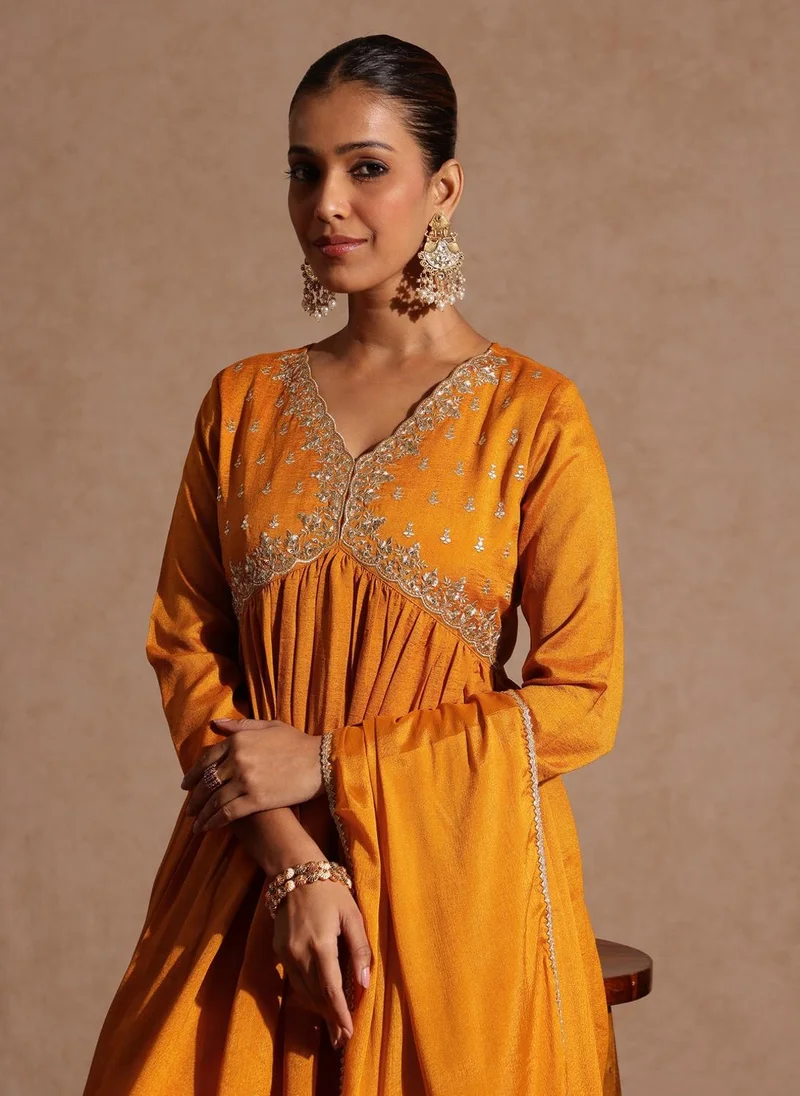 ZERESOUQ Mustard Silk Blend Yoke Embroidery 3-Piece Kurta Set