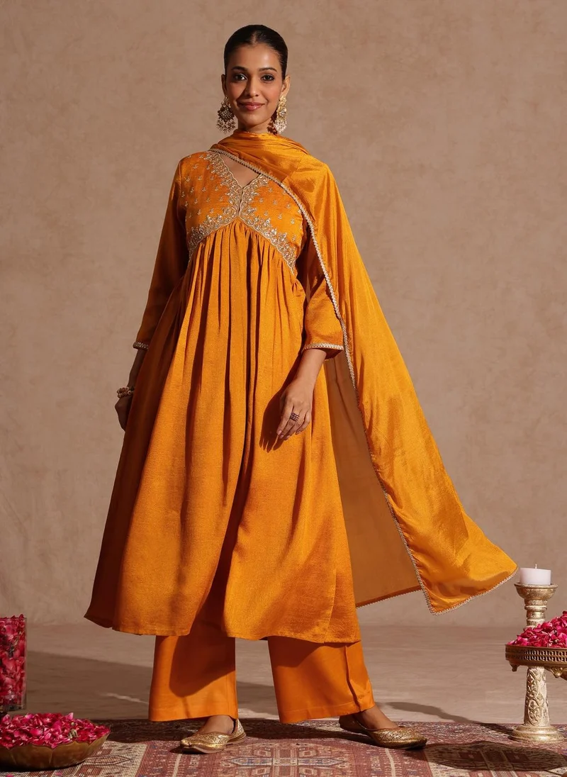Mustard Silk Blend Yoke Embroidery 3-Piece Kurta Set