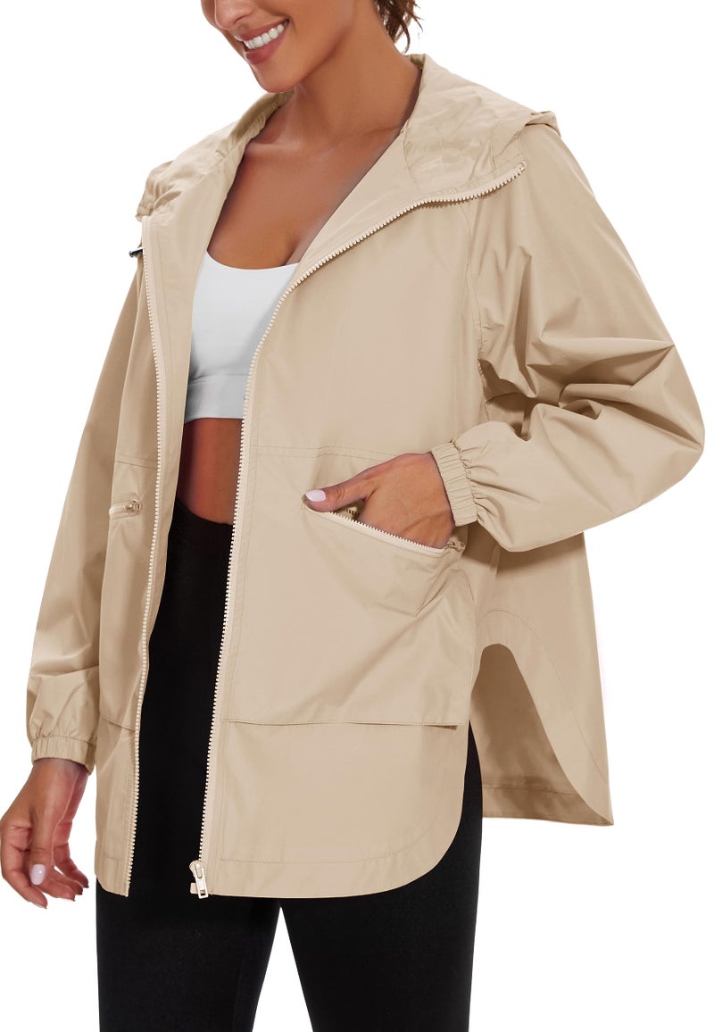 PESION Women's Waterproof Rain Jacket Lightweight Hooded Raincoat for Hiking Travel Outdoor, Khaki, Medium - Image 1