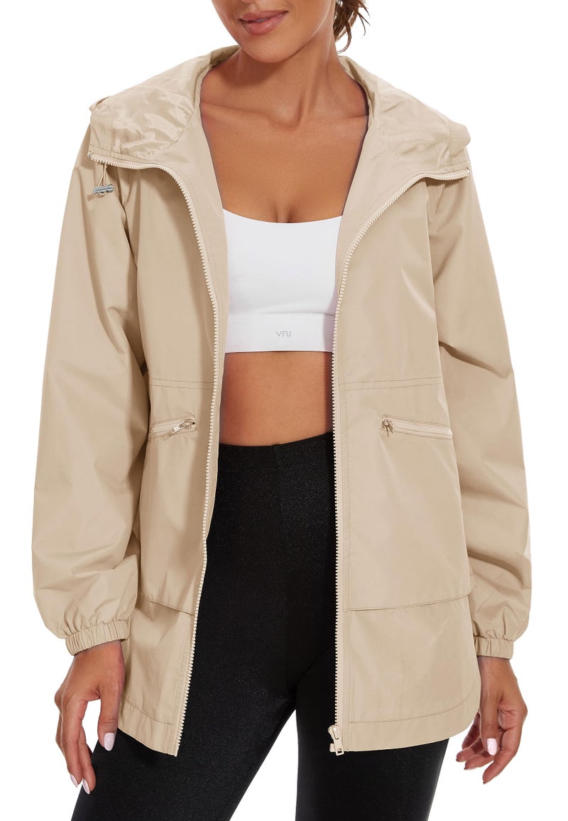 PESION Women's Waterproof Rain Jacket Lightweight Hooded Raincoat for Hiking Travel Outdoor, Khaki, Medium - Image 2