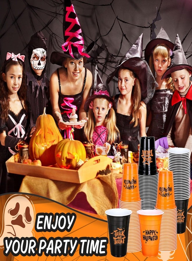 Whaline أكواب بلاستيكية هالوين سعيدة 100 قطعة سعة 16 أونصة أكواب حفلات قابلة للتصرف باللونين الأسود والبرتقالي لوازم حفلات عيد الميلاد - Image 4