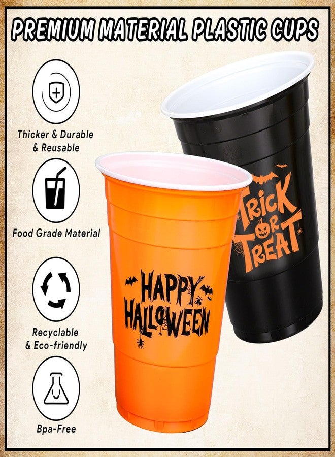 Whaline أكواب بلاستيكية هالوين سعيدة 100 قطعة سعة 16 أونصة أكواب حفلات قابلة للتصرف باللونين الأسود والبرتقالي لوازم حفلات عيد الميلاد - Image 3