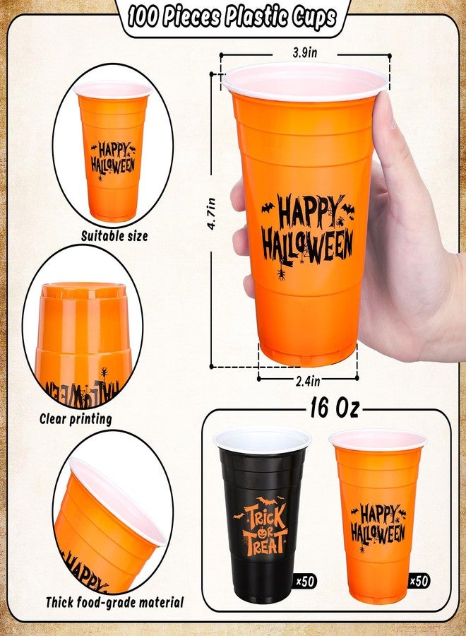 Whaline أكواب بلاستيكية هالوين سعيدة 100 قطعة سعة 16 أونصة أكواب حفلات قابلة للتصرف باللونين الأسود والبرتقالي لوازم حفلات عيد الميلاد - Image 2