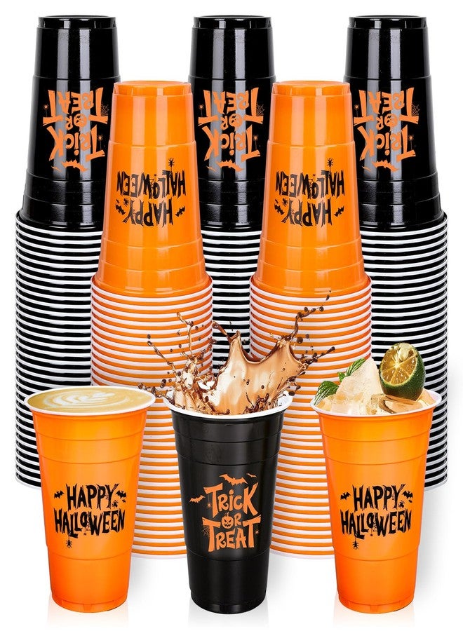 Whaline أكواب بلاستيكية هالوين سعيدة 100 قطعة سعة 16 أونصة أكواب حفلات قابلة للتصرف باللونين الأسود والبرتقالي لوازم حفلات عيد الميلاد - Image 1