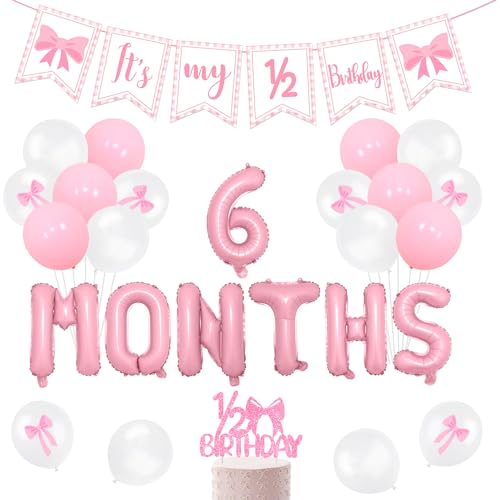 Merrystorm Half Birthday Decorations Pink Gingham Banner Bow Balloons Cake Topper for Girls 6 Month Party Supplies - Image 1