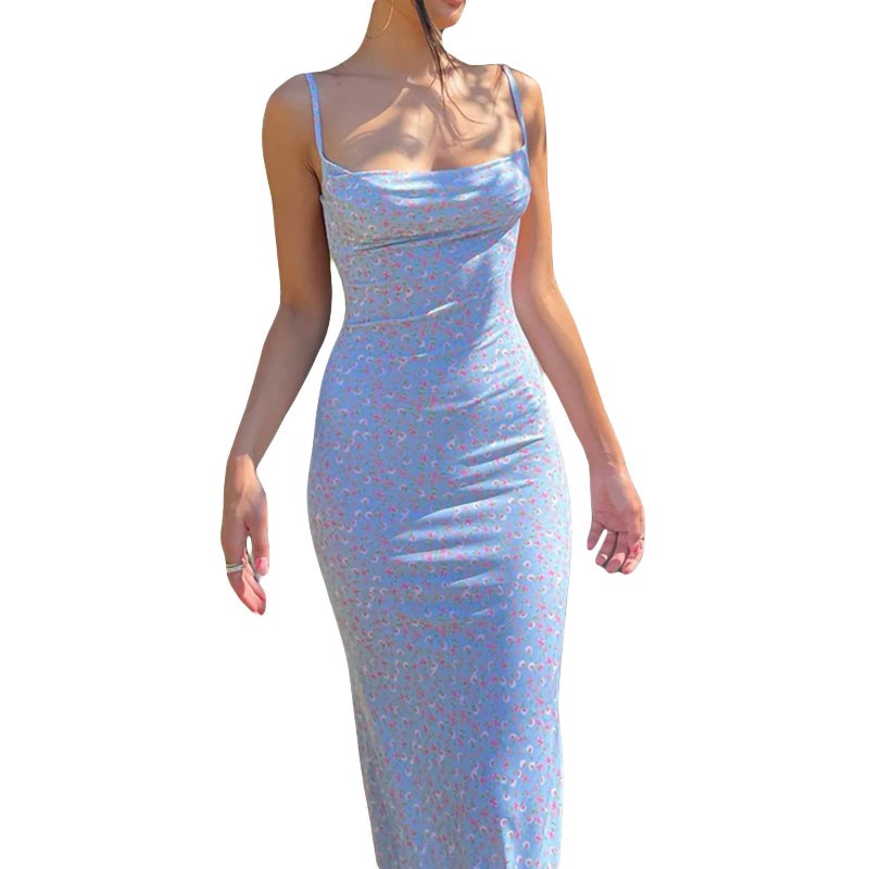 KMBANGI Women Cutout Backless Maxi Dress Sexy Sleeveless Floral Cocktail Dresses Bodycon Spaghetti Strap Long Dress Party(Blue,S) - Image 1