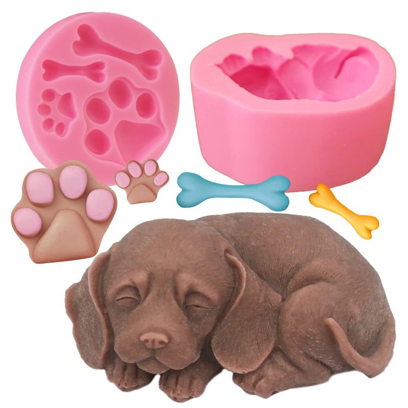 2Pcs Dog Silicone Soap Molds 3D Puppy Paw Bone Shape Silicone Fondant Mould Cute Dog Candle Soap Wax Epoxy Resin Mold Chocolate Candy Cake Baking Molds DIY Art Craft Cake Home Decor
