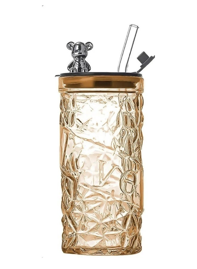 Happy Home Glass Cup With Straw, Glass With Plastic Lid, Stylish Design With A Small Teddy Bear On The Lid, For Cold And Hot Drinks, 400 Ml - Image 1