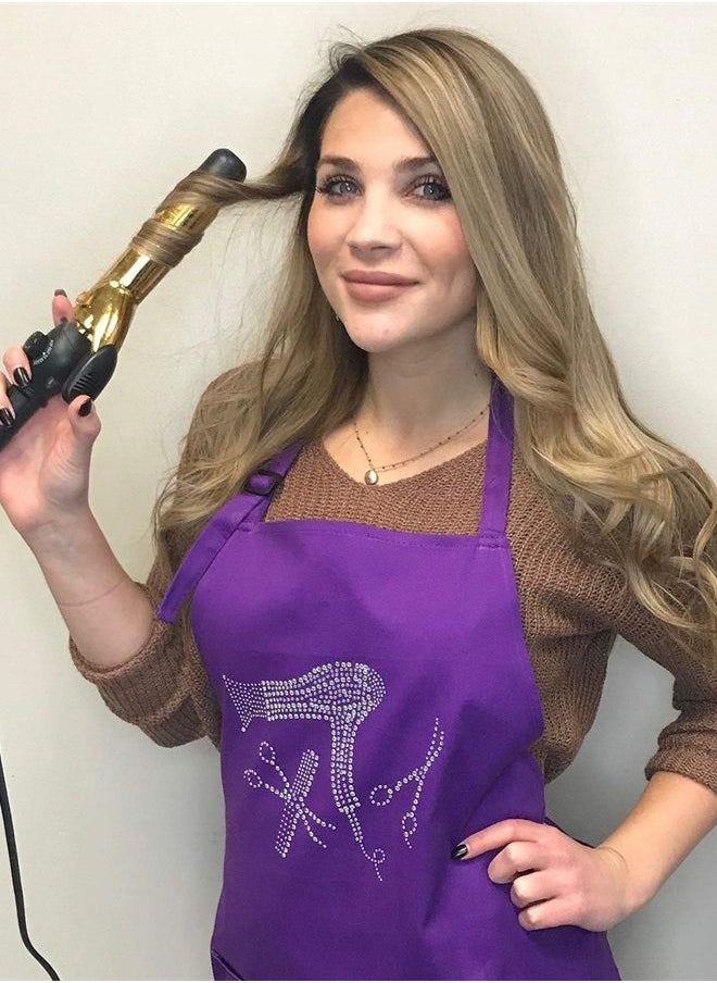 Plum Hill Hair Stylist Apron with Rhinestone Tools for Hairdresser, Cosmetologist or at Home Hair Cutting, 3 Pockets Adjustable Neck, Purple 