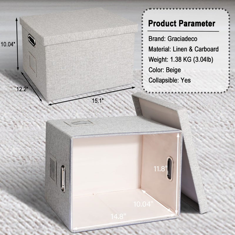 Graciadeco File Organizer Box, Collapsible Storage Filling Collectior with Lid for Letter Legal Size Hanging Folders Decorative Linen File Folder Box Document Storage Filing Bin, Beige 2 Pack - Image 2