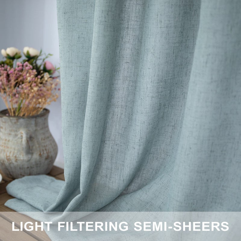 Pitalk Seafoam Curtains 38 Inch Width For Kitchen 2 Panel Back Tab Rod Pocket Semi Sheer Linen Short Cafe Tier Blue Green Curtains For Bathroom Small Windows Basement Laundry Coastal Beach Wide 38X45 Length - Image 4