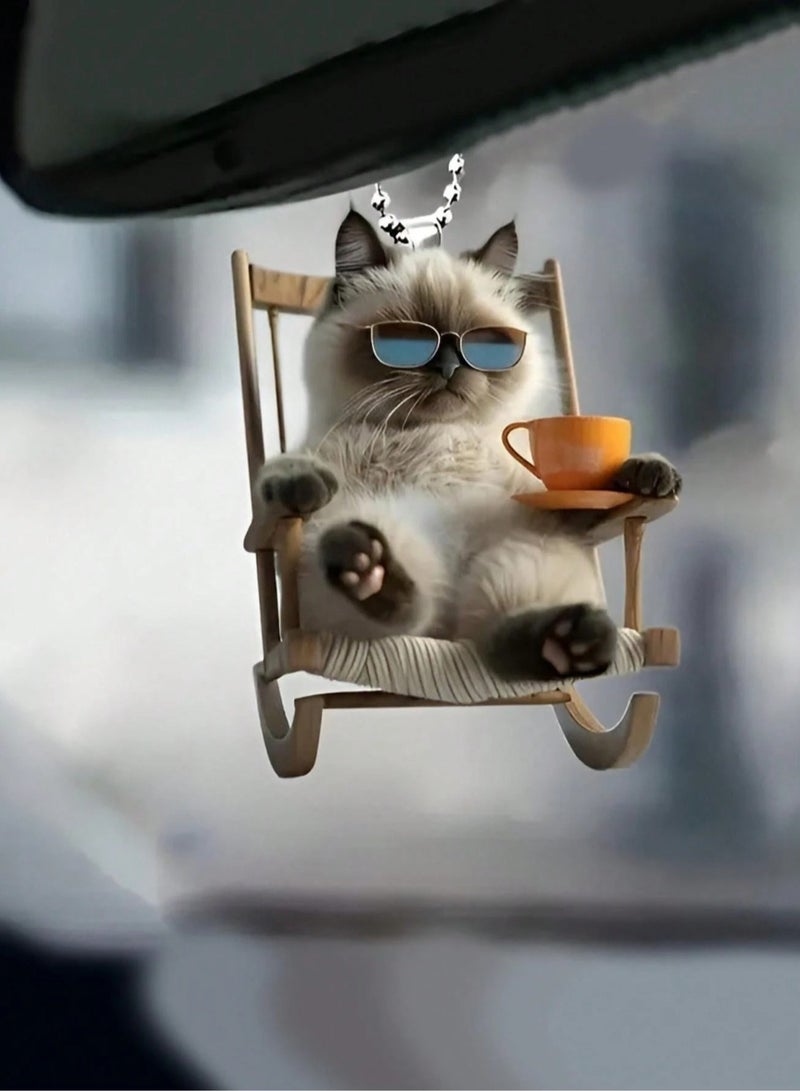 Plush Cat Car Ornament - Relaxing in a Rocking Chair with Sunglasses - Image 1