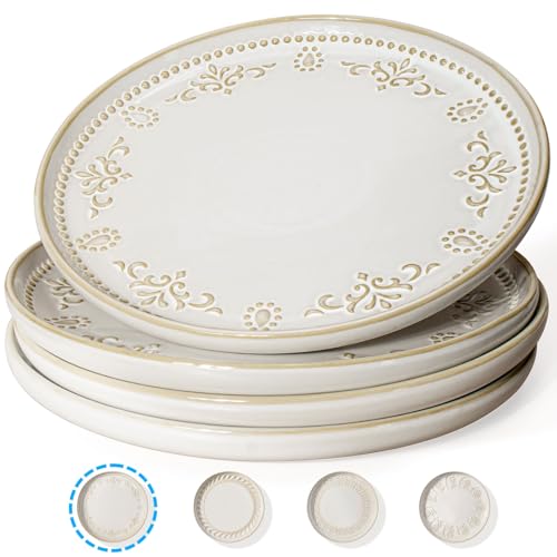 Artena طقم أطباق عشاء سيراميك كبيرة من أرتينا، 4 قطع، 10.75 بوصة، أطباق سلطة مزخرفة، أطباق تقديم عصرية للمطاعم، أطباق بحواف مرتفعة، آمنة للاستخدام في الميكروويف وغسالة الصحون (نقوش داماسك الزهرية) - Image 1