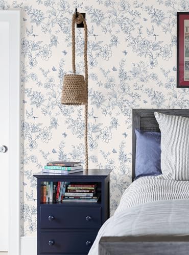 Froluya Cream White and Blue Floral Wallpaper Peel and Stick Wallpaper 17.7"x196.8" Vintage Floral Peel and Stick Wall Paper Removable Boho Self Adhesive Contact Paper for Bedroom Bathroom Vinyl - Image 5
