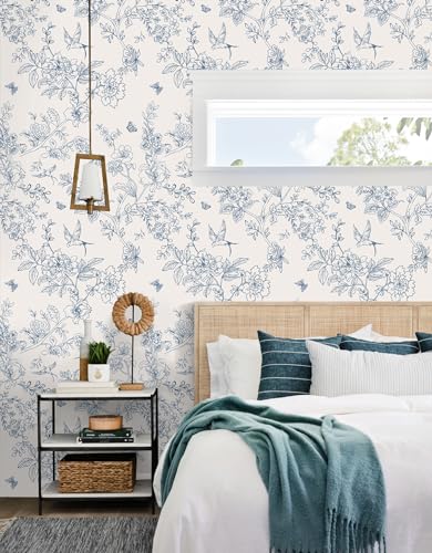 Froluya Cream White and Blue Floral Wallpaper Peel and Stick Wallpaper 17.7"x196.8" Vintage Floral Peel and Stick Wall Paper Removable Boho Self Adhesive Contact Paper for Bedroom Bathroom Vinyl - Image 3