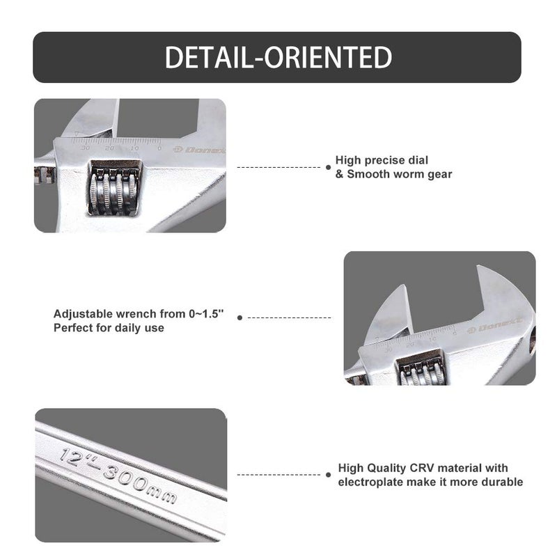 Donext 12 Inch Adjustable Wrench Professional Hand Tool CR-V Steel Crescent Wrench - Image 4