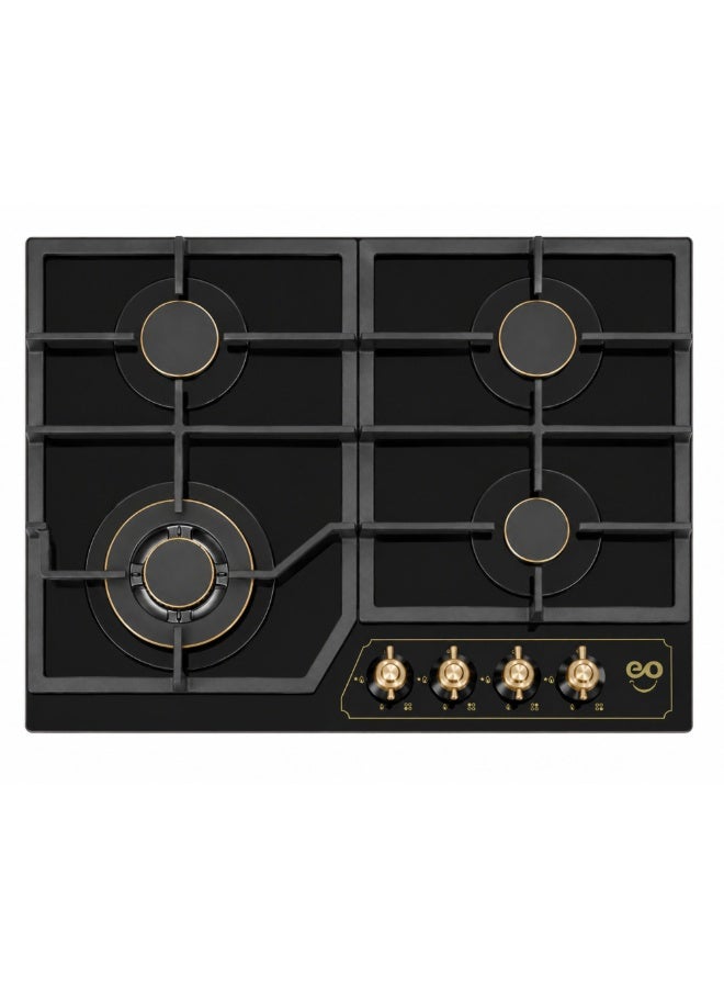 eo essentials online EO 60cm Built-In Gas Hob, 4 Burners, Black Tempered Glass, Triple Ring Wok Burner, Cast Iron Pan Supports, Auto Ignition, Flame Failure Safety Device, 8kW - Image 1