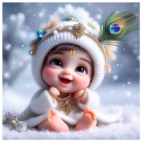 Decals Creation Lord Cute Baby Krishna White Feather Wall Poster (K16_Poster-07) For Living Room, Kids Room, Office, Pooja Room (Size - 41CM X 41CM) - Image 1