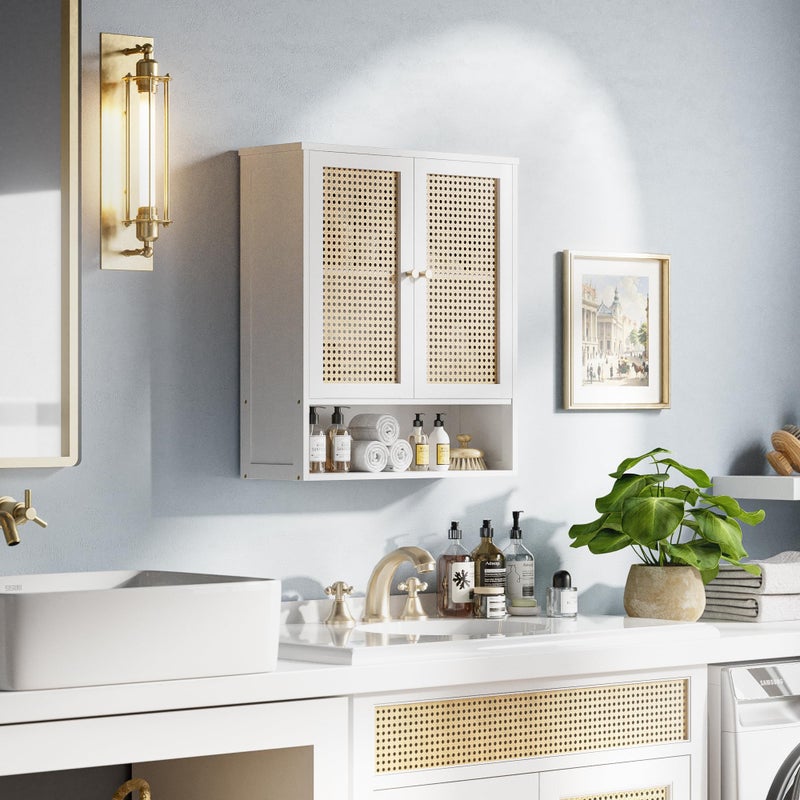 HITNET Bathroom Wall Cabinet, Rattan Medicine Cabinet, Bamboo Hanging Storage Organizer Over The Toilet with Adjustable Shelf for Living Room, Kitchen, Hallway(White) - Image 2