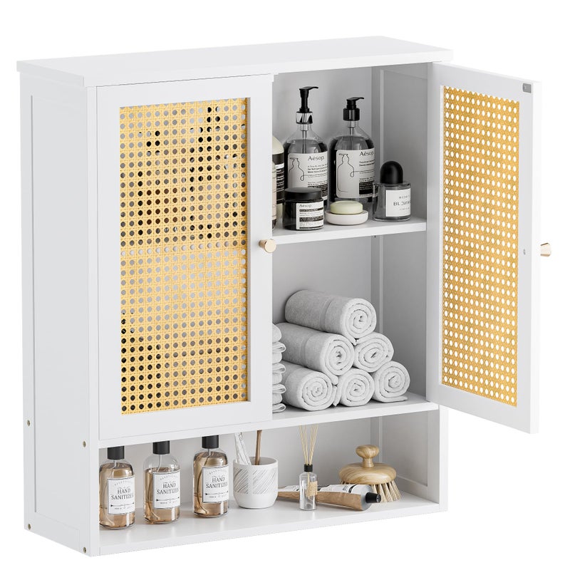 HITNET Bathroom Wall Cabinet, Rattan Medicine Cabinet, Bamboo Hanging Storage Organizer Over The Toilet with Adjustable Shelf for Living Room, Kitchen, Hallway(White) - Image 1