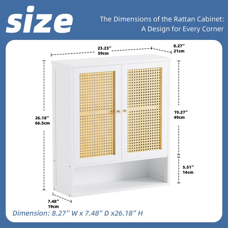 HITNET Bathroom Wall Cabinet, Rattan Medicine Cabinet, Bamboo Hanging Storage Organizer Over The Toilet with Adjustable Shelf for Living Room, Kitchen, Hallway(White) - Image 3