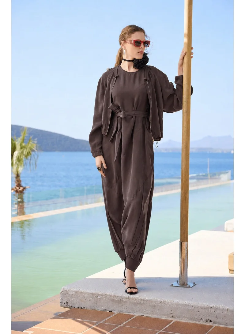 MissWhence Belted Jumpsuit and Zip-Front Jacket Set - Brown