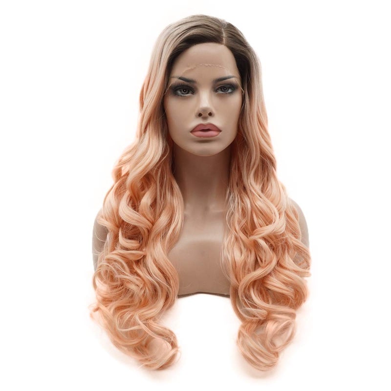 Lushy Lushy Hair Synthetic Lace Front Wig Wavy Long 26inch Dark Root Lemon Pink Mix Ombre Wig Full Density Realistic Wig 